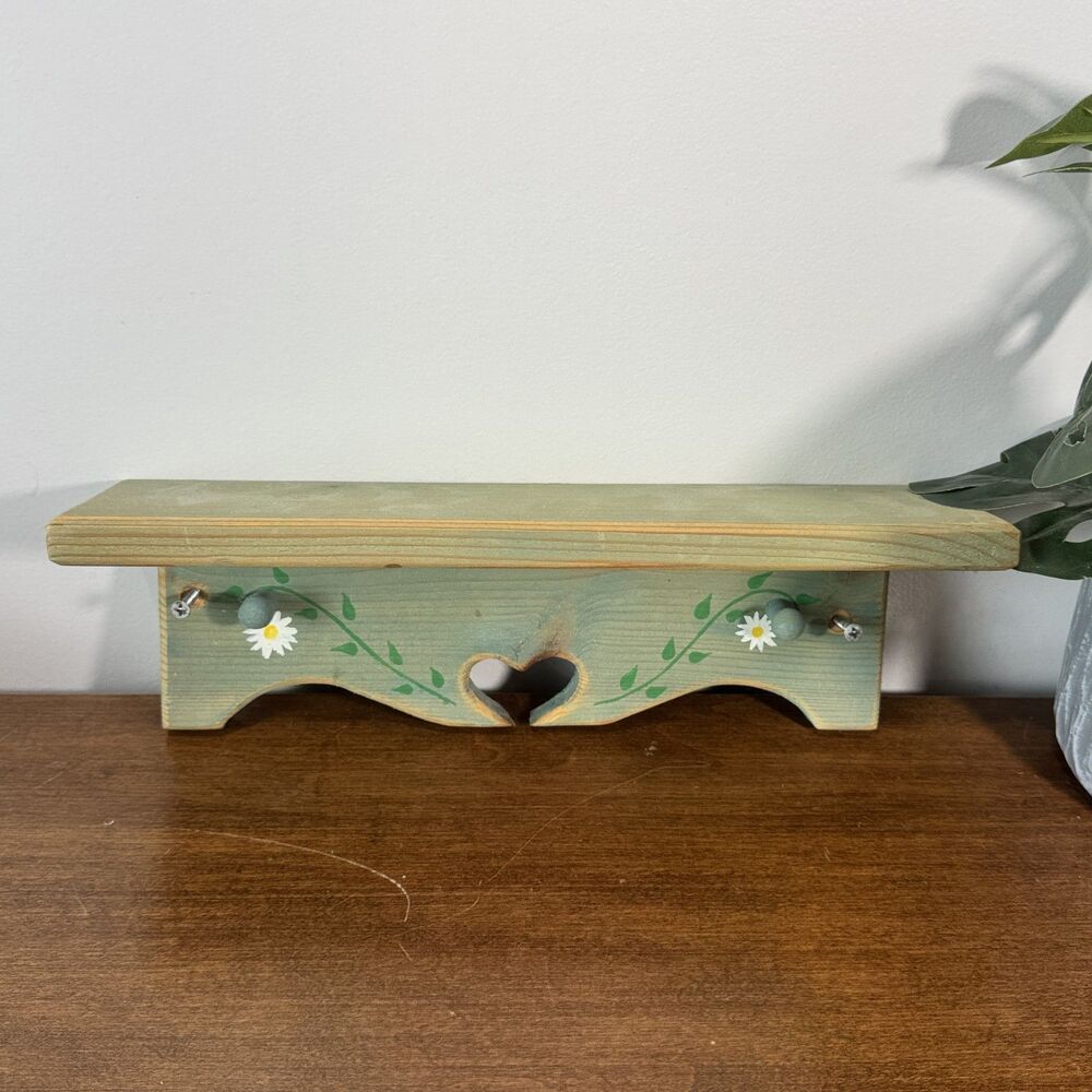 Vintage Style Wood Decorative Shelf Stand Heart Cutout Daisy Floral Cottagecore